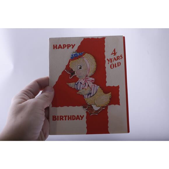 Cute Duckling with Red Number Four, Happy Birthday, Greeting Card, Used - Picture 1 of 2